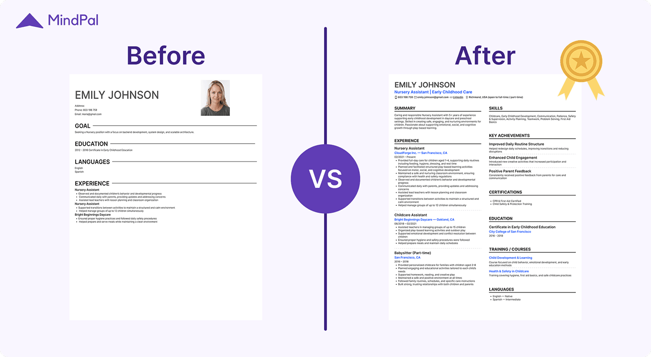 Before and after MindPal AI resume checker weak bullets and missing keywords fixed to ATS optimized resume 6.png